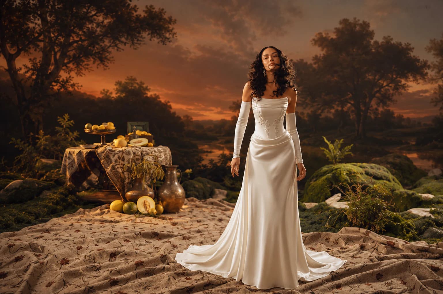 Vestido de novia en mikado con guantes largos