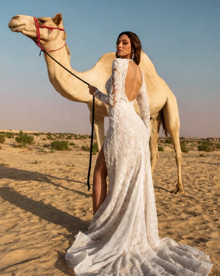 Vestido de encaje en locación desértica