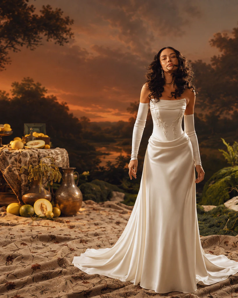 Vestido de novia en mikado con guantes largos